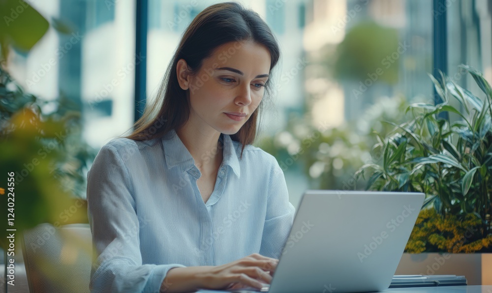 Stressed and tired woman in office looking at laptop screen, work deadline concept Stressed and tired woman in office looking at laptop screen, work deadline concept