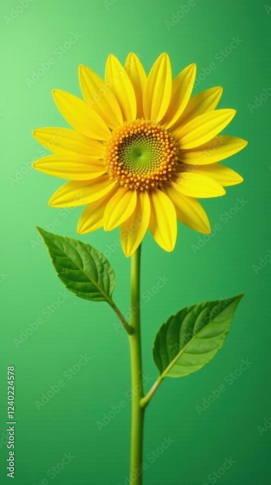 Naklejka premium A Vibrant Single Sunflower with Lush Green Leaves Against a Solid Background