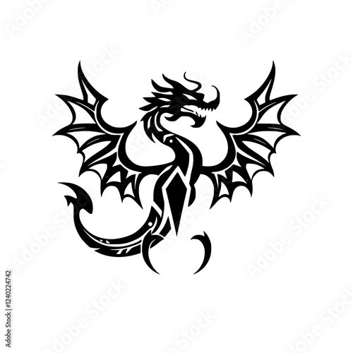 Tribal Dragon Tattoo Design: Black and White Mythical Creature Illustration