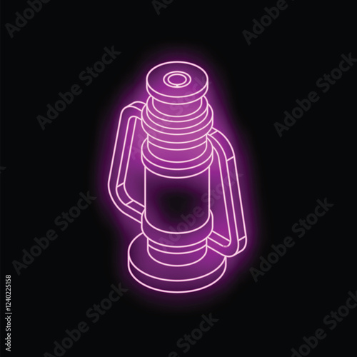 Neon sign of a vintage camping lantern glowing purple against a dark background