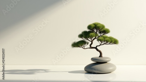 This minimalist photograph showcases a single pine tree casting a delicate shadow over a Zen rock arrangement, embodying the harmonious and balanced essence of Zen Buddhism. photo