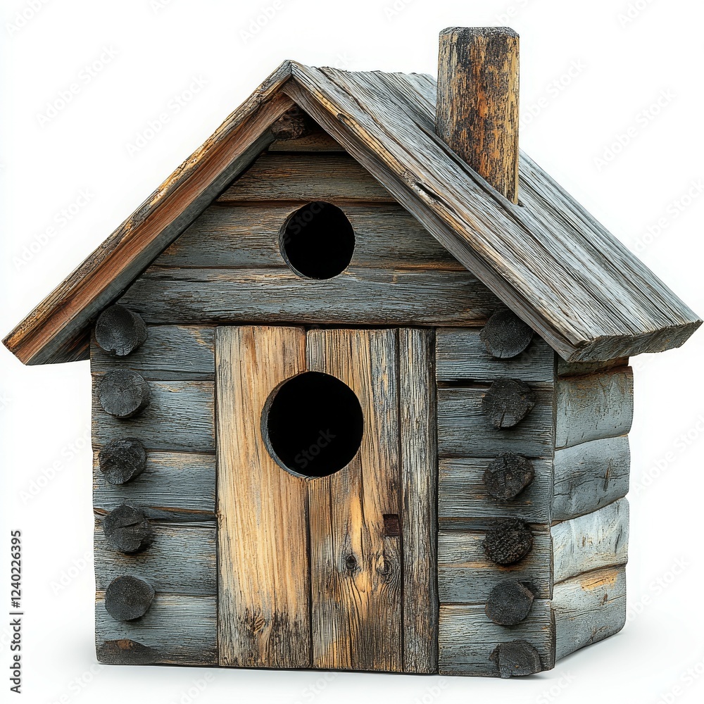 A rustic wooden birdhouse designed to attract and shelter birds.