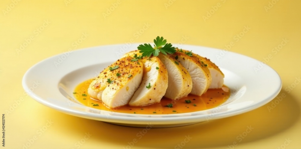 Sliced savory chicken breast, delicately seasoned and presented with a vibrant citrus glaze on a pristine white plate. Sliced savory chicken breast, delicately seasoned and presented with a vibrant citrus glaze on a pristine white plate.