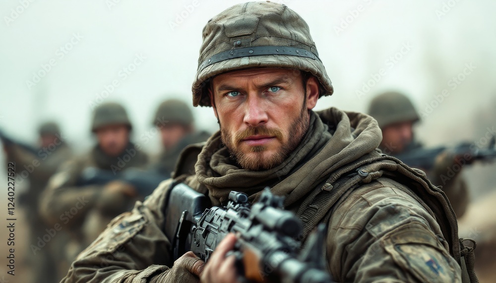 Fototapeta premium Soldier with Rifle in Combat Zone Dramatic Photo