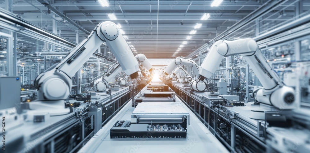 Advanced robotic systems in a high-tech manufacturing facility showcasing innovation and efficiency in production. Advanced robotic systems in a high-tech manufacturing facility showcasing innovation and efficiency in production.