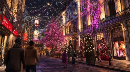 Festive Holiday Street Scene at Night with Colorful Lights and Decorations in Urban Setting photo