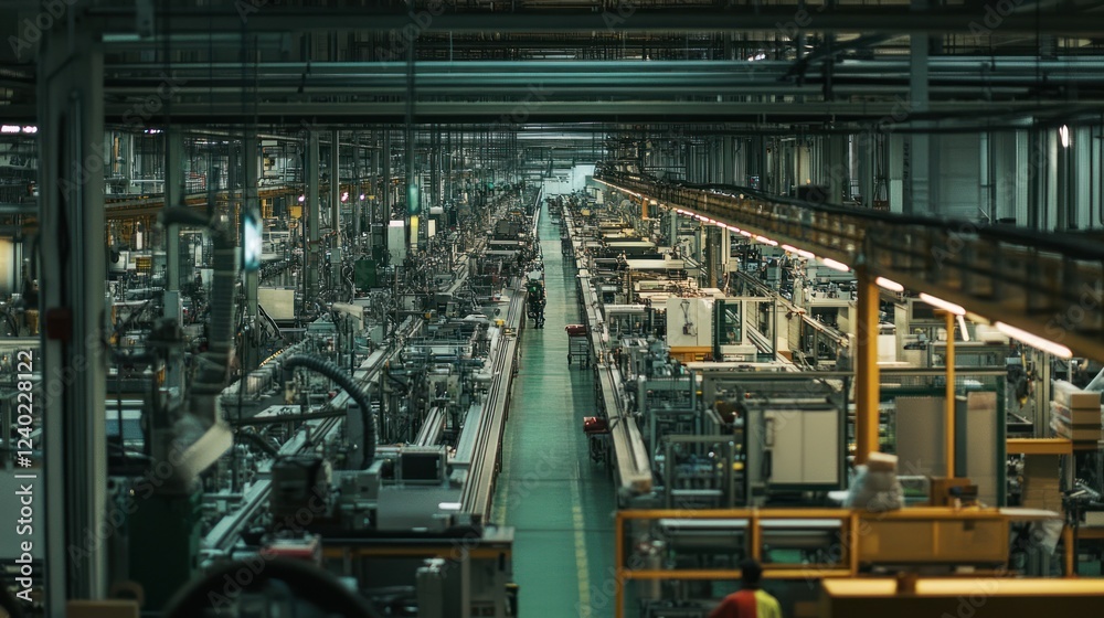 Naklejka premium Industrial Factory with Conveyor Belts and Machinery