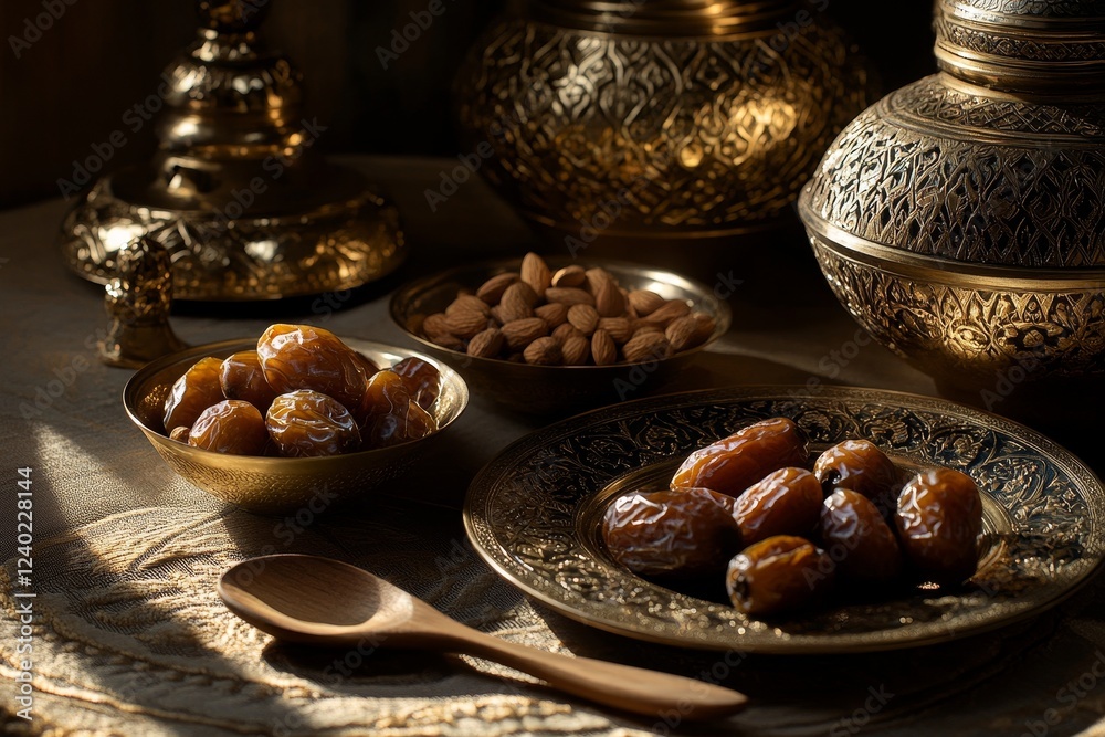 Golden bowls of dates and almonds on ornate metallic tableware. Golden bowls of dates and almonds on ornate metallic tableware.