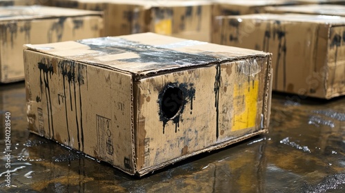 Damaged cardboard box on a wet surface.