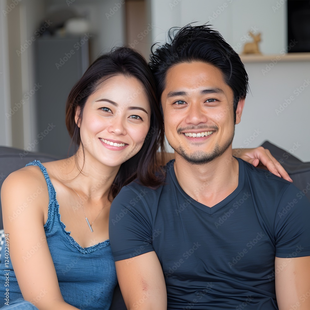 Happy Asian couple smiling on sofa, home interior background, relationship portrait Happy Asian couple smiling on sofa, home interior background, relationship portrait