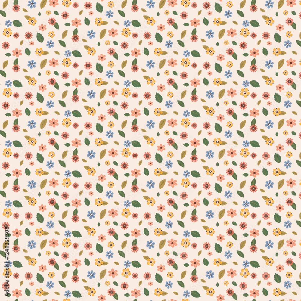 Seamless floral pattern with flowers and leaves in pastel colors