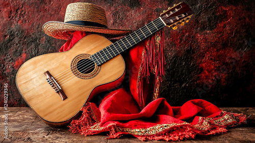 Spanish guitar, red shawl, straw hat, rustic background; music, culture