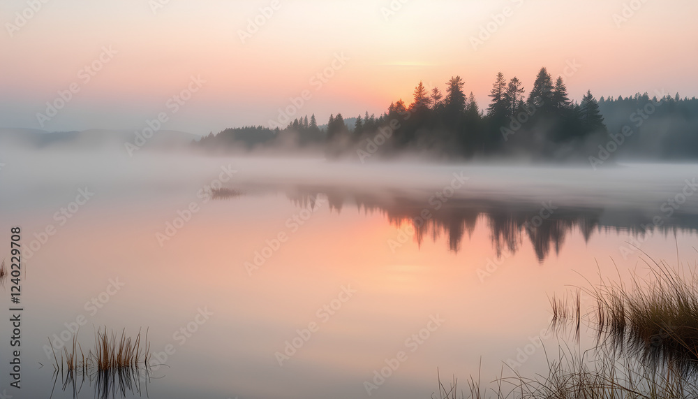 Obraz premium Serene Lake Landscape with Mist and Trees at Sunrise