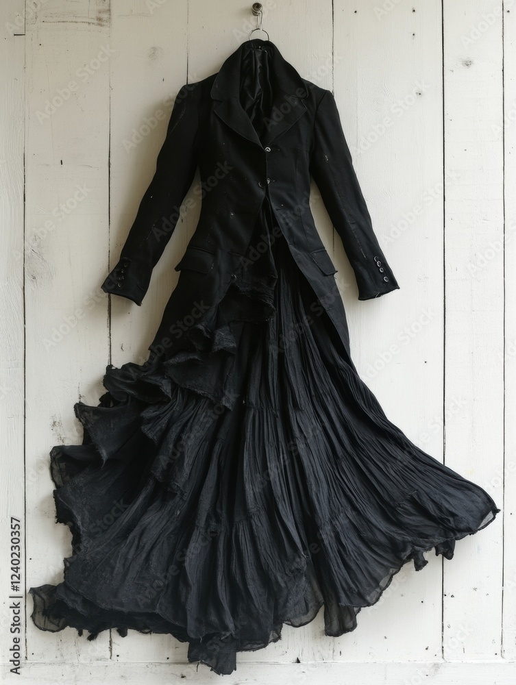 Naklejka premium Elegant black dress hanging on a white wall.