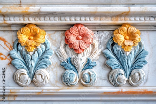 Ornate marble panel with three painted floral designs, showcasing intricate detailing and vibrant colors.