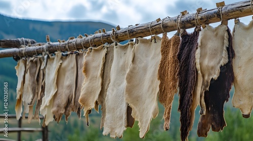 Various Animal Hides Drying Outdoors Mountain Landscape
