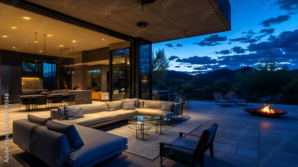 Fototapeta premium A modern outdoor living space featuring a cozy seating area, fire pit, and stunning sunset views with glass walls that blend indoor and outdoor environments.