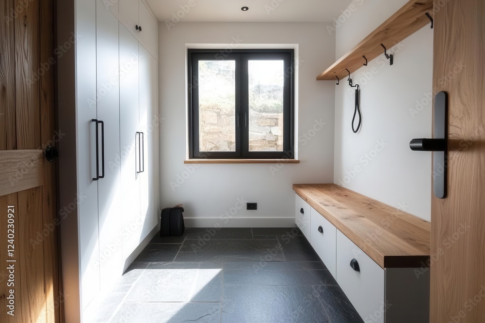 Stylish Mudroom Design with Slate Tiles and Natural Wood Seating for Modern Homes Stylish Mudroom Design with Slate Tiles and Natural Wood Seating for Modern Homes