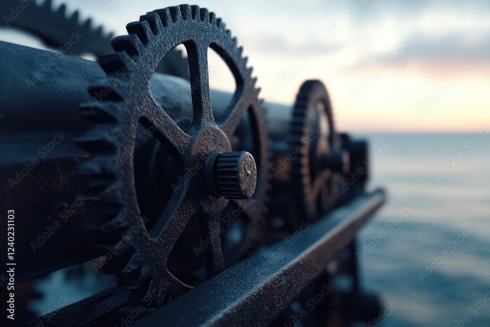 Close-up of intricate metal gears against a blurred sunset ocean backdrop. Close-up of intricate metal gears against a blurred sunset ocean backdrop.