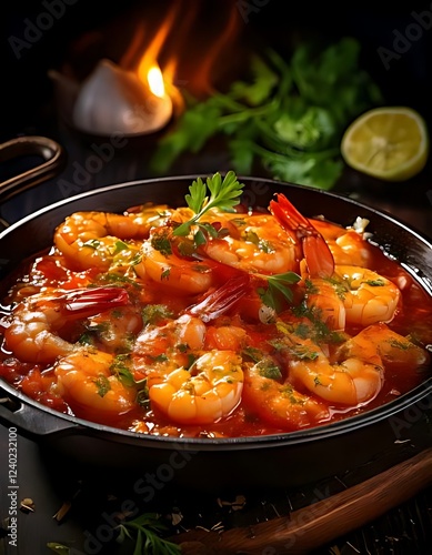 Gambas al Ajillo are garlic shrimp cooked in sizzling olive oil with chili. photo