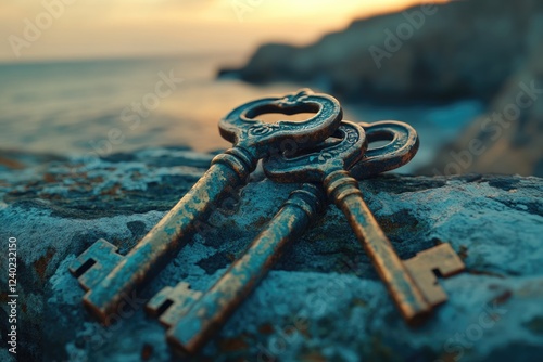 Three antique keys rest on a rock near the ocean at sunset, symbolizing secrets or hidden opportunities.