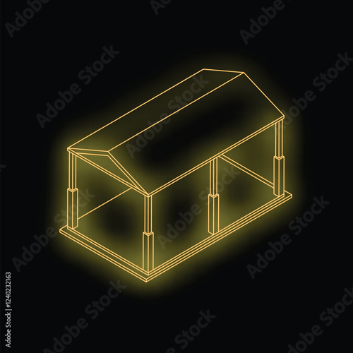 Neon yellow glowing outline of a carport structure on black background