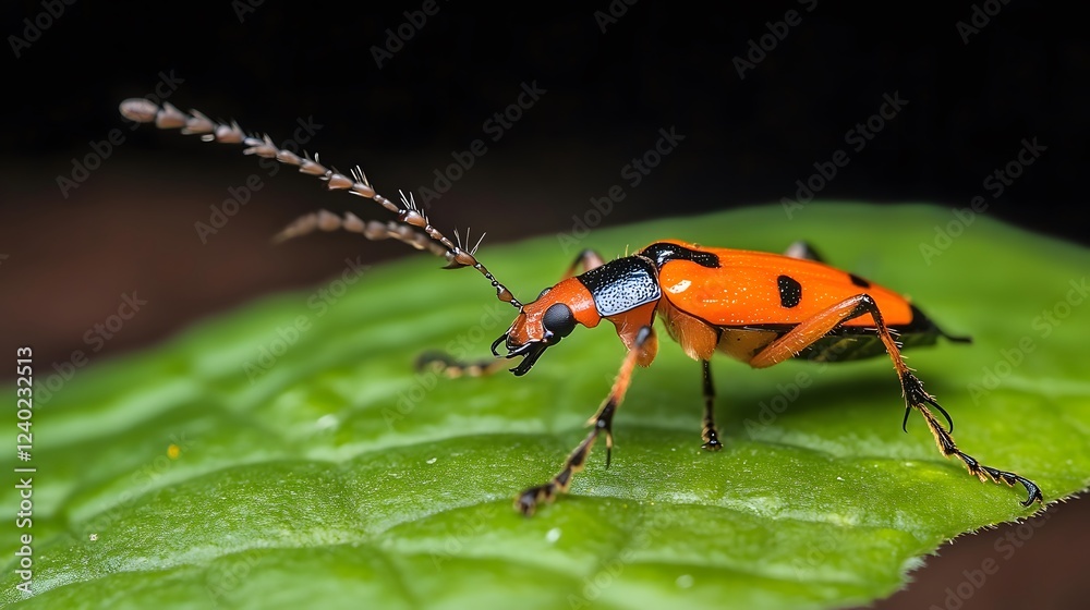Fototapeta premium Macro Photography of Vibrant Orange Beetle on Green Leaf