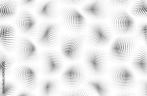 Monochrome texture with dots. Optical dot pattern. Spotted gradient background. Wavy halftone effect. Black white banner. Futuristic pop art print. Vector illustration.