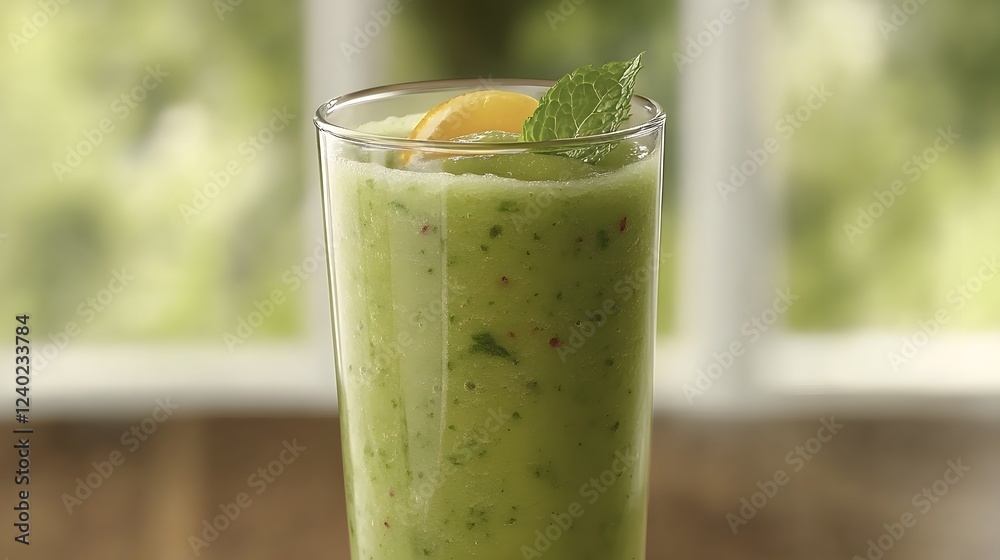 Refreshing Green Smoothie in Glass Tall with Mint Garnish Refreshing Green Smoothie in Glass Tall with Mint Garnish