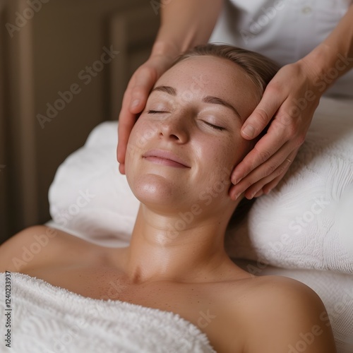 Relaxed woman receives facial massage in spa