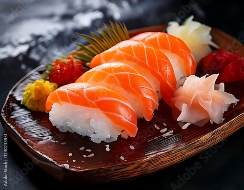 Japanese sushi, vinegared rice with fresh seafood, is a delicate and artful culinary experience. photo