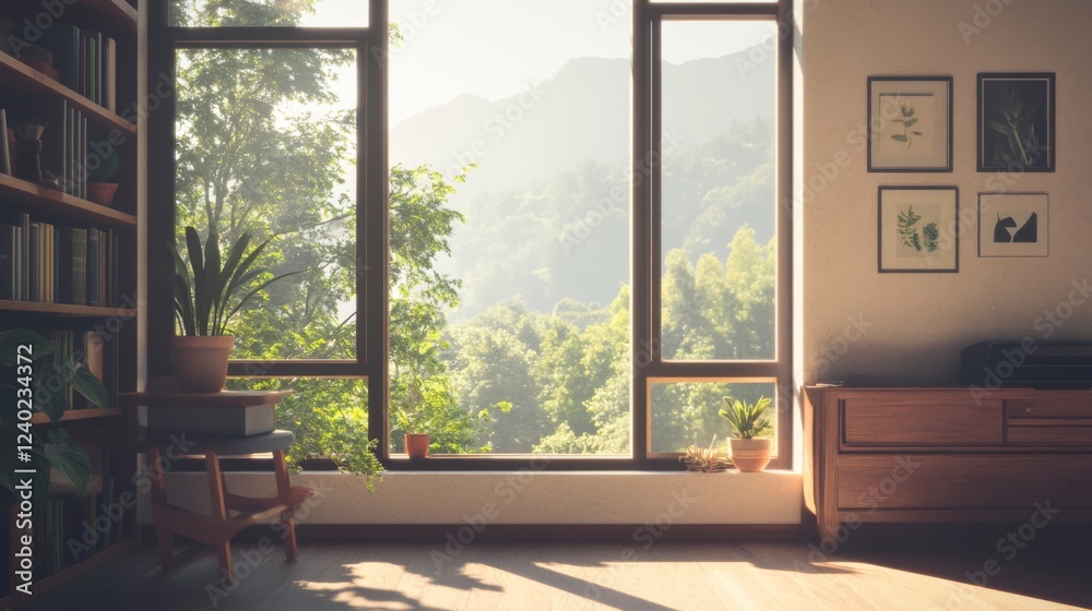 Fototapeta premium Sunny mountain view from home library
