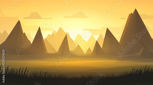 Golden Sunset Mountain Landscape,  Stunning Low Poly Art