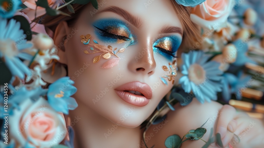 Obraz premium portrait of a beautiful woman with long false feather eyelashes and bright make-up wearing blue