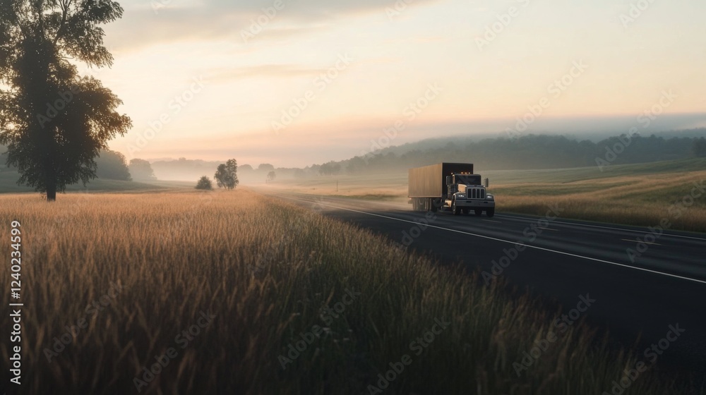 Fototapeta premium Sunrise highway trucking, rural landscape, misty field