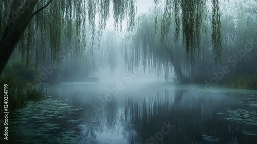 Misty morning, weeping willows reflect in calm lake, fog shrouds the scene, tranquil nature photography