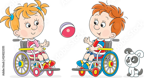 Little girl and boy sitting in their wheelchairs and playing a ball at therapeutic physical training in kindergarten or primary school, vector cartoon illustration on a white background