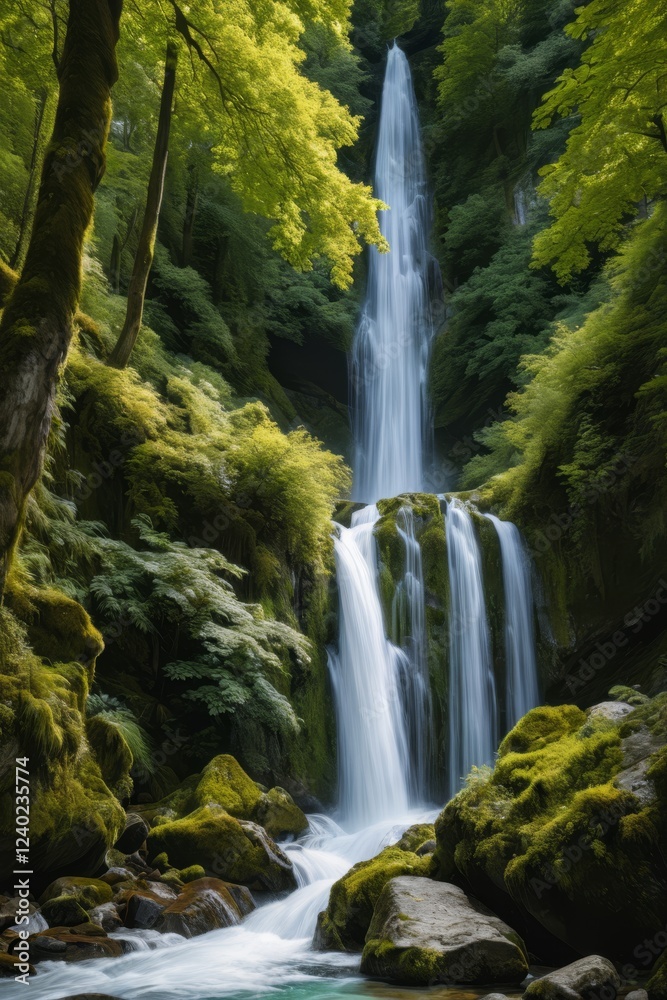 Fototapeta premium waterfall in the middle of a forest with mossy rocks and trees