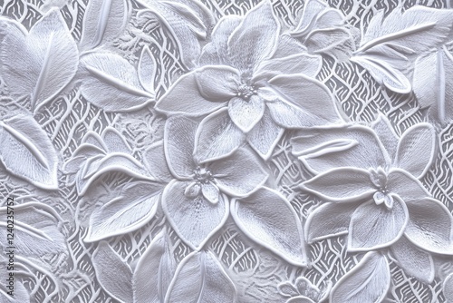 Unique lace design with overlapping leaf and flower elements, offering depth and texture.