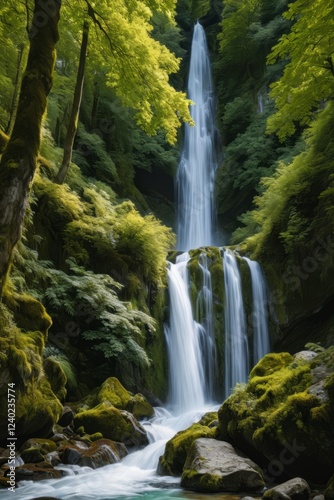 waterfall in the middle of a forest with mossy rocks and trees