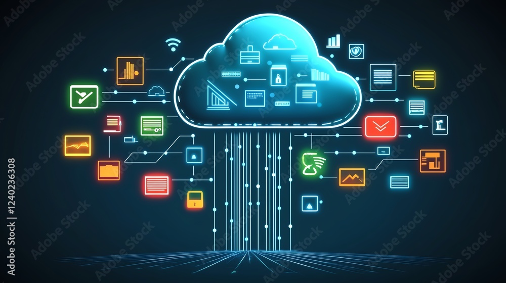 Cloud storage concept with interconnected global file icons on a dark background, illustrating secure and efficient data management Cloud storage concept with interconnected global file icons on a dark background, illustrating secure and efficient data management