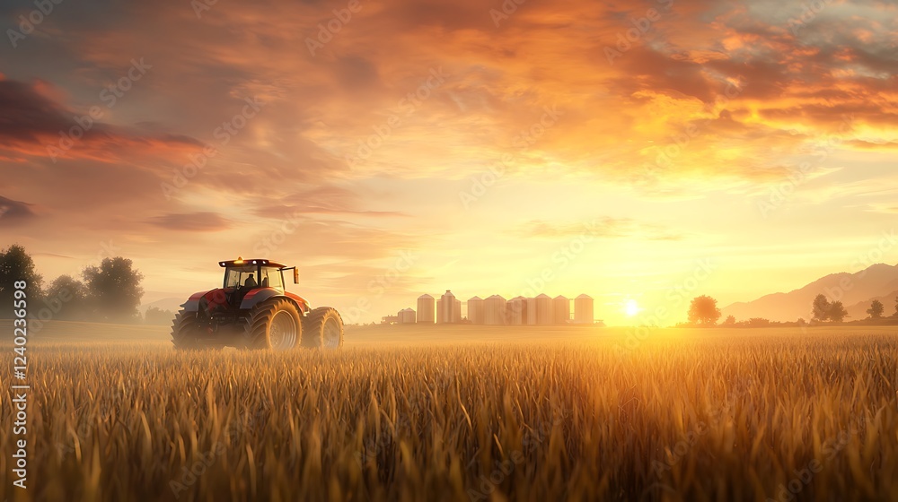 Fototapeta premium High-tech agricultural facility with cutting-edge silos and streamlined barns, neatly arranged structures under a warm sunset glow, industrial yet aesthetic farm design, meticulously crafted 