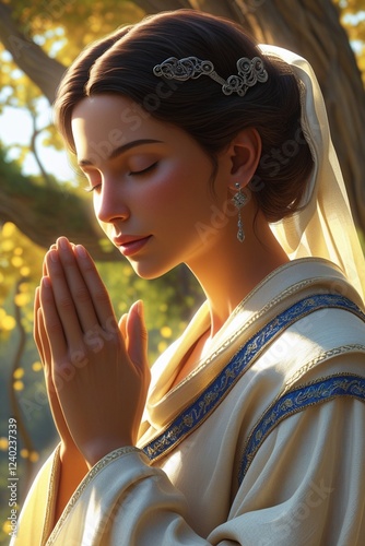 a woman praying in nature with ancient clothes