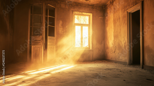 Wallpaper Mural deserted room with mysterious light illuminating dust particles, creating eerie atmosphere. sunlight streams through window, highlighting aged walls and empty space Torontodigital.ca