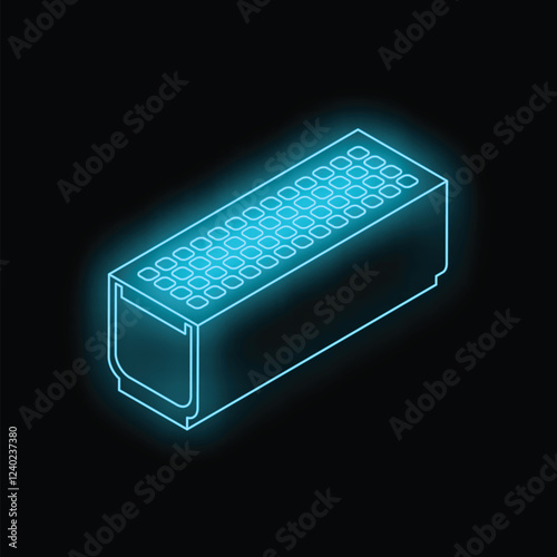 Neon glowing symbol of drainage channel grating system on black background