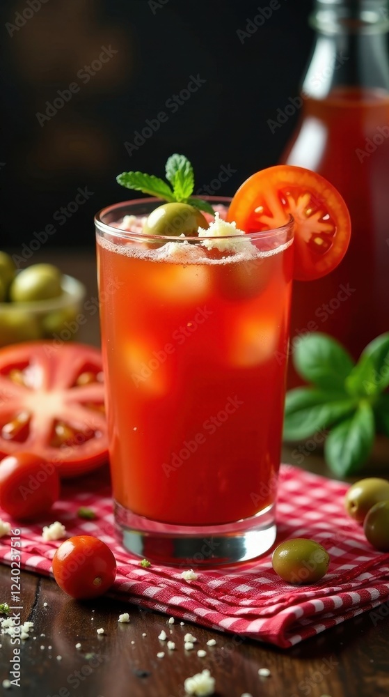 Refreshing iced tomato beverage garnished with olives and a tomato slice, served in a tall glass on a red and white checkered cloth Refreshing iced tomato beverage garnished with olives and a tomato slice, served in a tall glass on a red and white checkered cloth