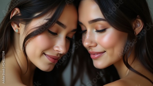 two beautiful twin women smiling with their heads together