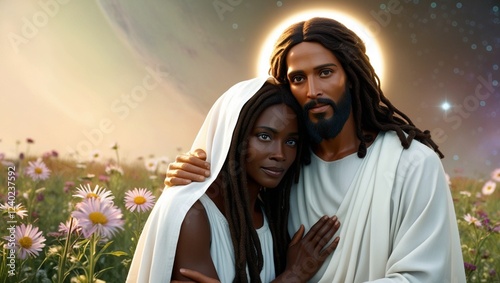 Jesus Christ and Mary Magdalene embracing in a flower garden