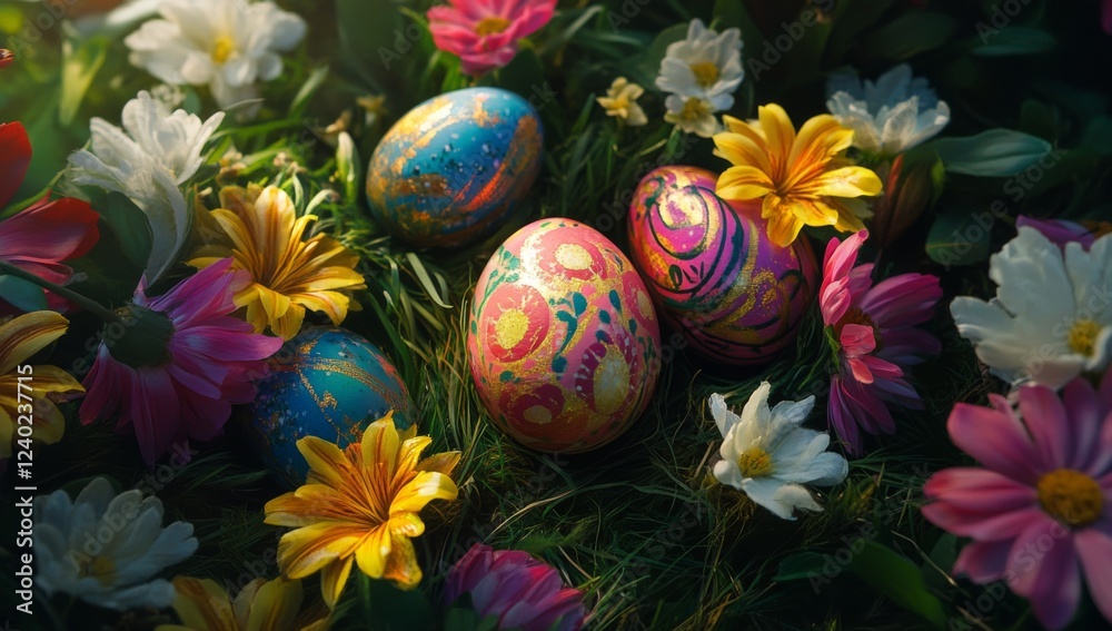 colorful painted Easter eggs in grass surrounded by beautiful flowers colorful painted Easter eggs in grass surrounded by beautiful flowers