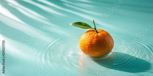 A single citrus fruit afloat on tranquil aqua water, illuminated by sunlight creating soft ripples and shadows photo